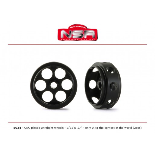 NSR5024 NSR 3/32 CNC Plastic Ultralight Wheels Ø17mm, 4g, 2/pk NSR5024 NSR 3/32 CNC Plastic Ultralight Wheels Ø17mm, 4g, 2/pk